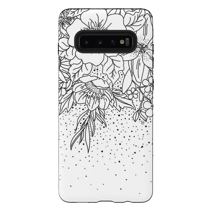 Galaxy S10 plus StrongFit Cute Black White floral doodles and confetti design by InovArts