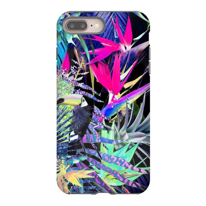 iPhone 7 plus StrongFit Colorful neon toucan and strelitzia jungle pattern by Oana 