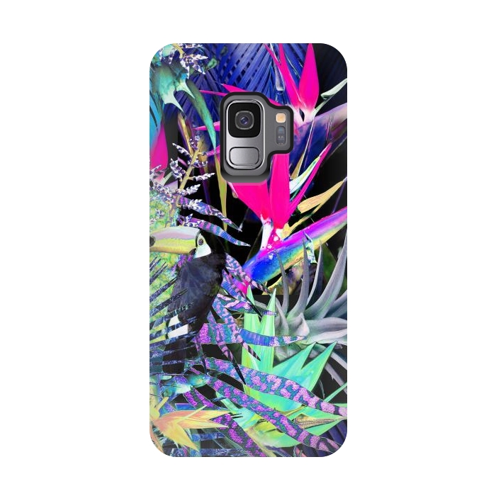 Galaxy S9 StrongFit Colorful neon toucan and strelitzia jungle pattern by Oana 