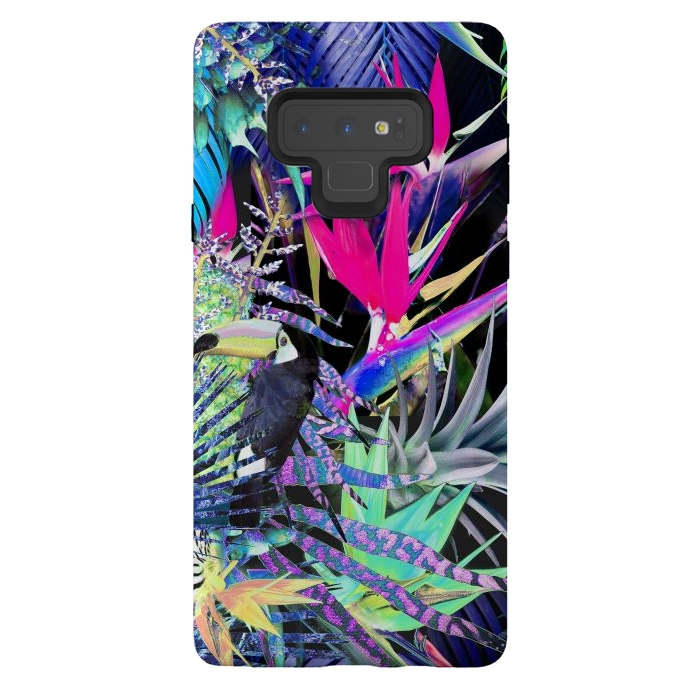 Galaxy Note 9 StrongFit Colorful neon toucan and strelitzia jungle pattern by Oana 