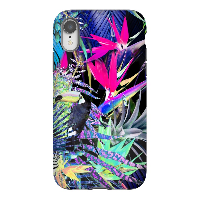 iPhone Xr StrongFit Colorful neon toucan and strelitzia jungle pattern by Oana 