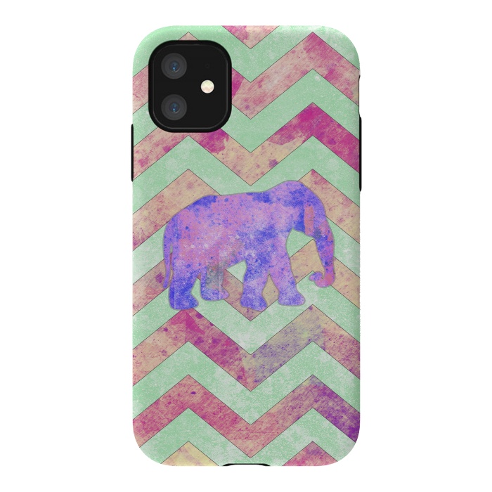 iPhone 11 StrongFit Elephant Mint Green Chevron Pink Watercolor by Girly Trend
