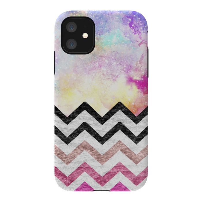 iPhone 11 StrongFit SC Watercolor Nebula Space Pink ombre Wood Chevron by Girly Trend