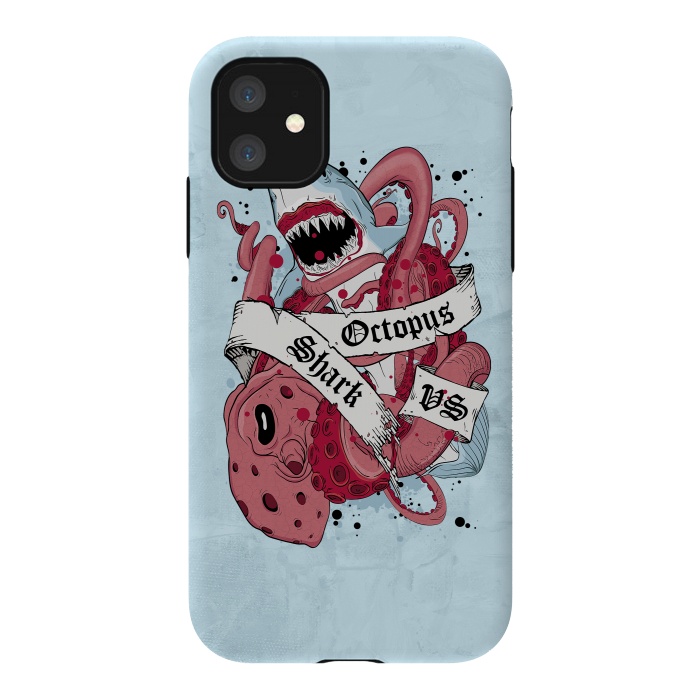 iPhone 11 StrongFit Shark vs Octopus by Sitchko