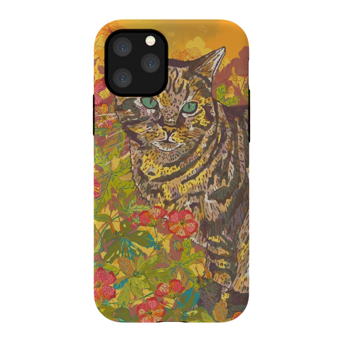 iPhone 11 Pro StrongFit Tabby Cat in Geraniums by Lotti Brown