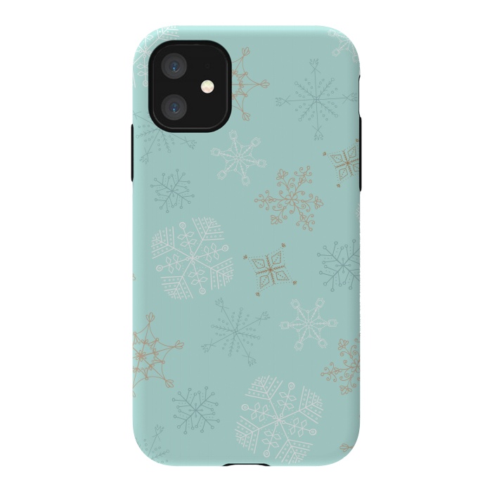 iPhone 11 StrongFit Wintery Gold Snowflakes on Blue by Paula Ohreen