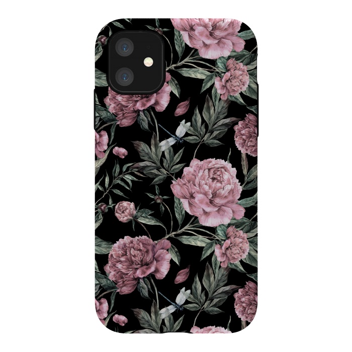 iPhone 11 StrongFit Black and Pink Peony Pattern by  Utart