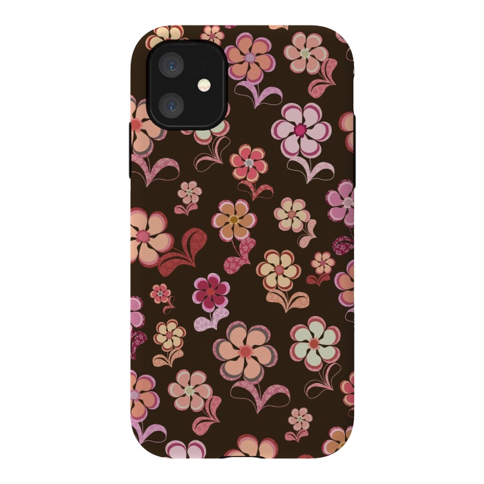 iPhone 11 StrongFit 60s Flowers on Chocolate Brown by Paula Ohreen