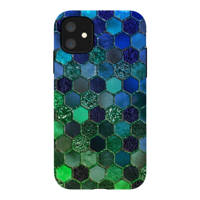 iPhone 11 StrongFit Green and Blue Metalic Honeycomb Pattern by  Utart