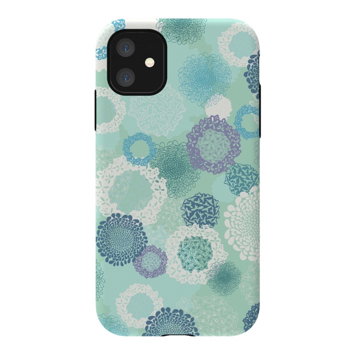 iPhone 11 StrongFit Doily Flowers on Teal by Paula Ohreen