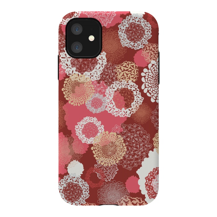 iPhone 11 StrongFit Doily Flowers on Red by Paula Ohreen