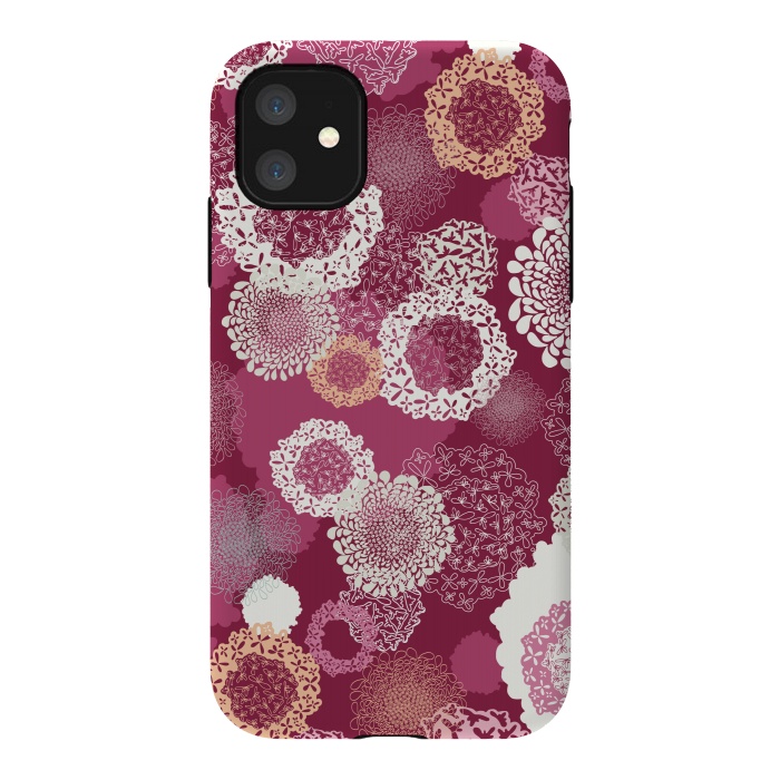 iPhone 11 StrongFit Doily Flowers on Dark Pink by Paula Ohreen