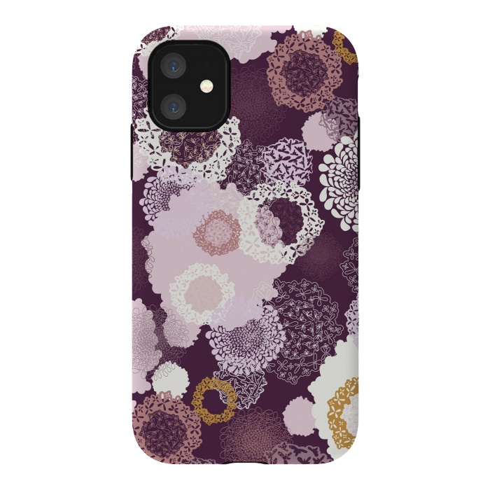 iPhone 11 StrongFit Doily Flowers on Purple by Paula Ohreen