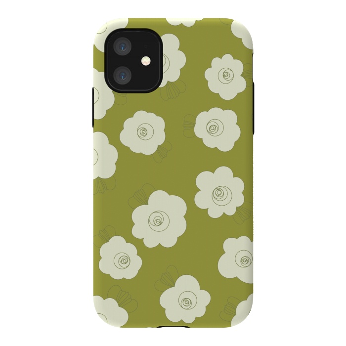 iPhone 11 StrongFit Fluffy Flowers - White on Grass Green by Paula Ohreen