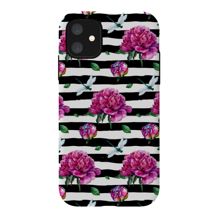 iPhone 11 StrongFit Black Stripes and Peonies by  Utart
