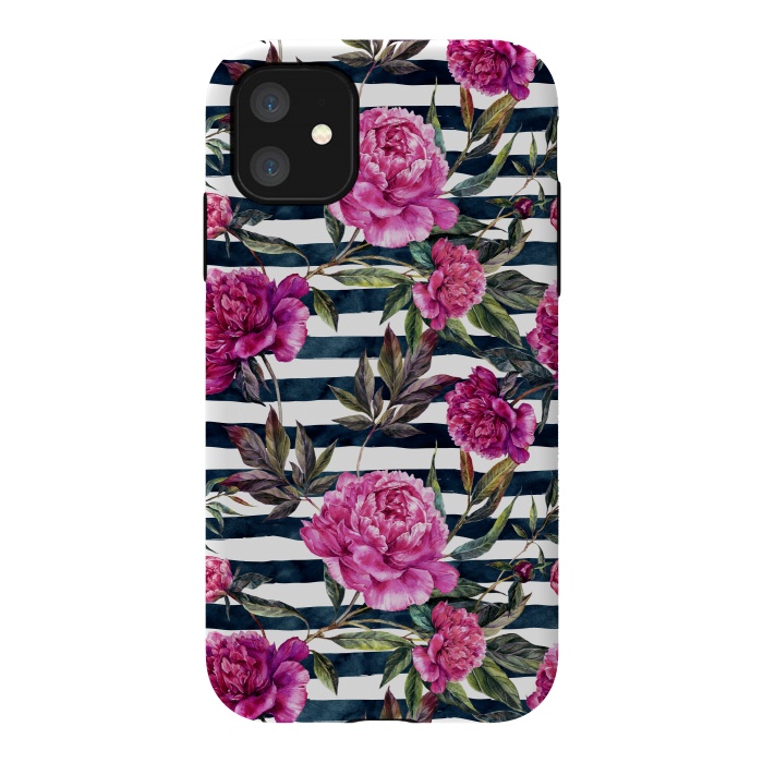 iPhone 11 StrongFit Pink peonies and black stripes by  Utart