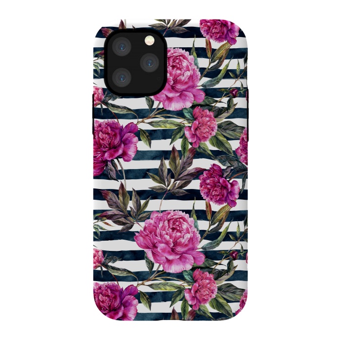 iPhone 11 Pro StrongFit Pink peonies and black stripes by  Utart