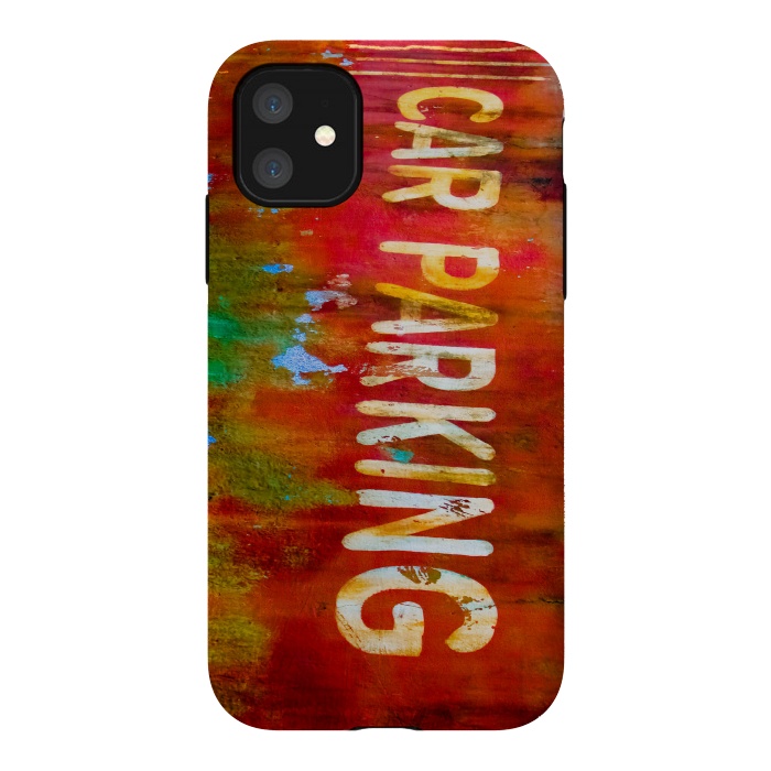 iPhone 11 StrongFit Grunge Spray Paint Car Parking Sign by Andrea Haase