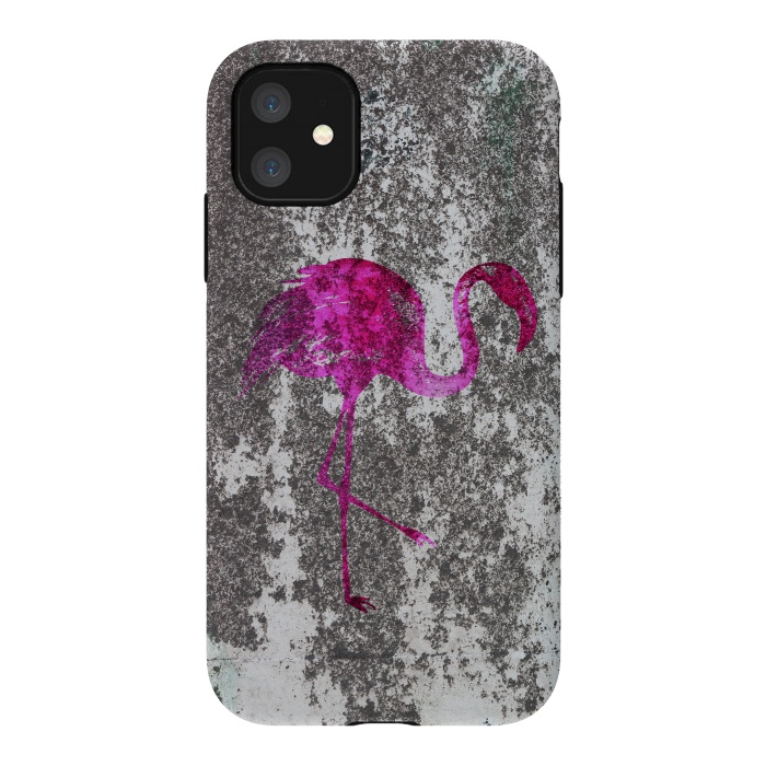 iPhone 11 StrongFit Pink Flamingo Bird On Grunge Wall by Andrea Haase