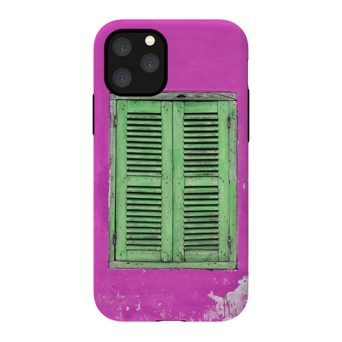 iPhone 11 Pro StrongFit Turquoise Green Shutters In Pink Wall by Andrea Haase