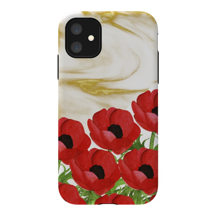 iPhone 11 StrongFit Red Flowers on Marbel by Rossy Villarreal