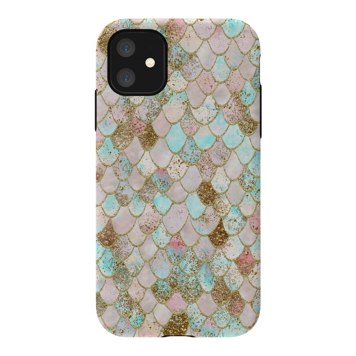 iPhone 11 StrongFit Watercolor Wonky Gold Glitter Pastel Summer Mermaid Scales  by  Utart
