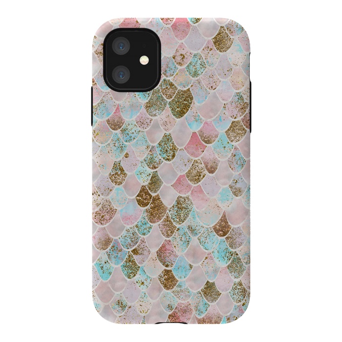 iPhone 11 StrongFit Wonky Watercolor Pink and Blue Mermaid Scales  by  Utart