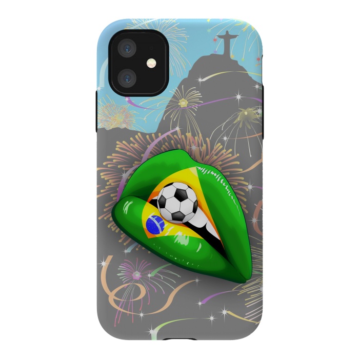 iPhone 11 StrongFit  Brazil Flag Lipstick Soccer Supporters on Sensual Woman's Lips by BluedarkArt