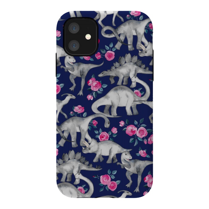 iPhone 11 StrongFit Dinosaurs and Roses on Dark Blue Purple by Micklyn Le Feuvre