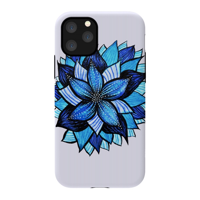 iPhone 11 Pro StrongFit Beautiful Abstract Hand Drawn Zentangle Blue Flower by Boriana Giormova