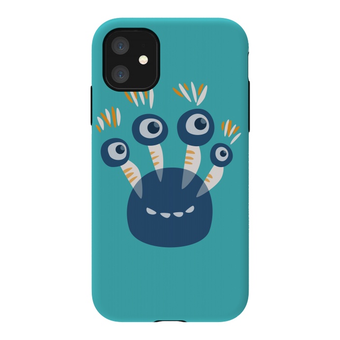 iPhone 11 StrongFit Cute Blue Cartoon Monster With Four Eyes by Boriana Giormova