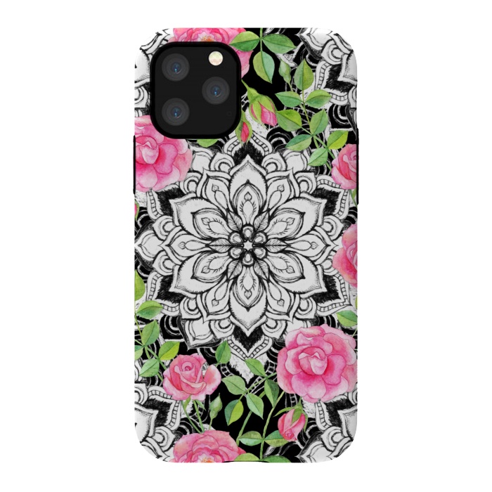iPhone 11 Pro StrongFit Peach Pink Roses and Mandalas on Black and White Lace by Micklyn Le Feuvre