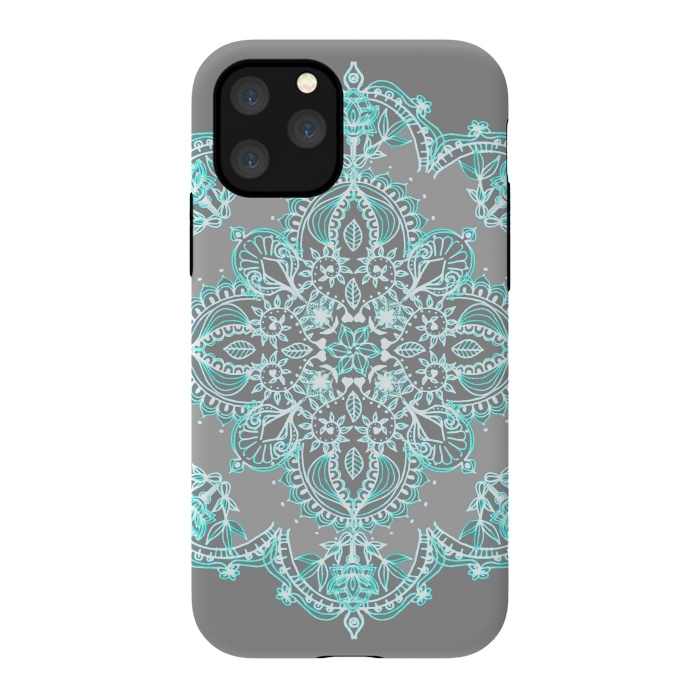 iPhone 11 Pro StrongFit Teal and Aqua Lace Mandala on Grey  by Micklyn Le Feuvre