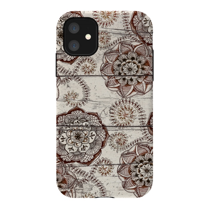 iPhone 11 StrongFit Coffee & Cocoa - brown & cream floral doodles on wood by Micklyn Le Feuvre