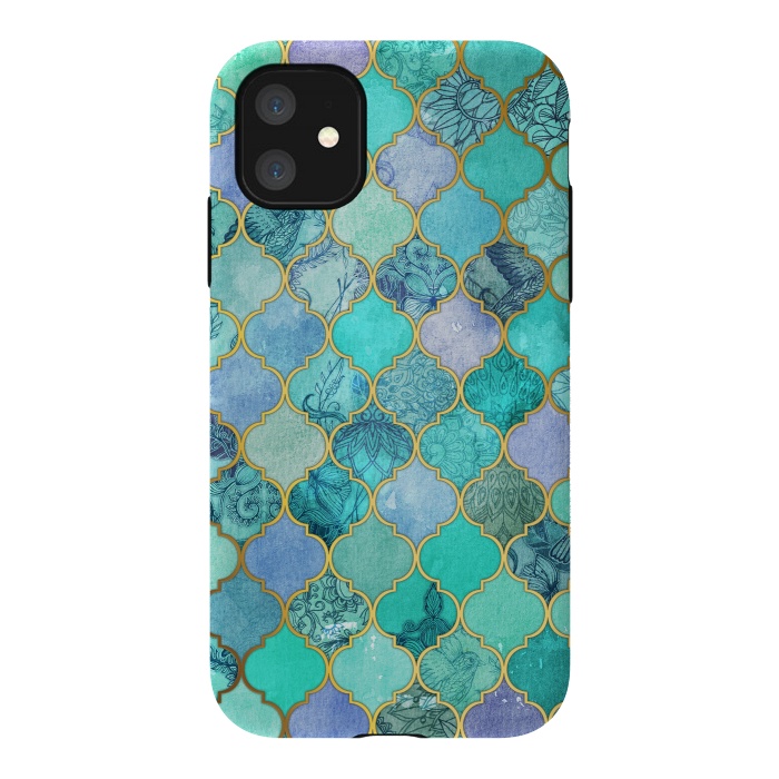 iPhone 11 StrongFit Cool Jade Icy Mint Decorative Moroccan Tile Pattern by Micklyn Le Feuvre