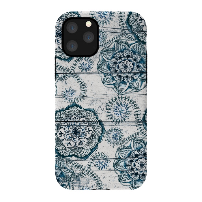 iPhone 11 Pro StrongFit Navy Blue Floral Doodles on Wood by Micklyn Le Feuvre