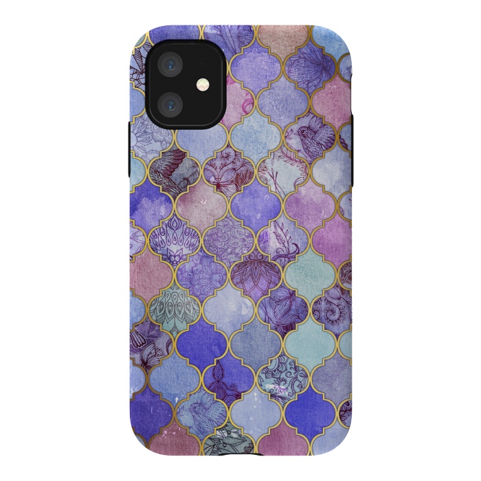 iPhone 11 StrongFit Royal Purple, Mauve & Indigo Decorative Moroccan Tile Pattern by Micklyn Le Feuvre