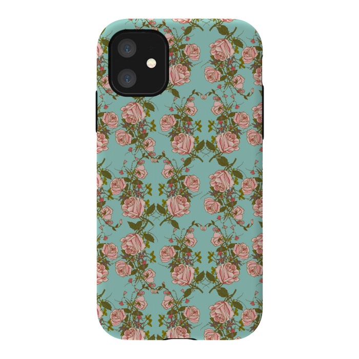 iPhone 11 StrongFit Vintage Rosy Floral-Blue by Quirk It Up