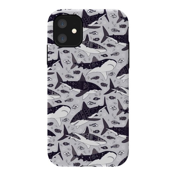 iPhone 11 StrongFit Black & White Tribal Sharks & Fish  by Tigatiga