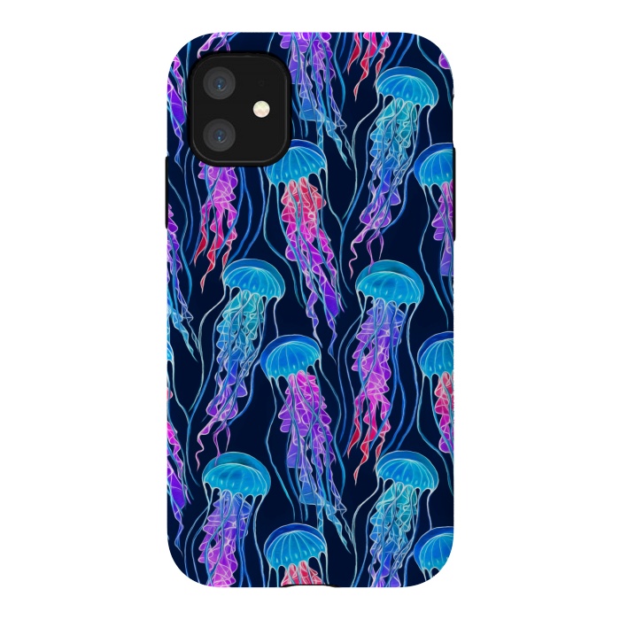 iPhone 11 StrongFit Luminescent Rainbow Jellyfish on Navy Blue by Micklyn Le Feuvre