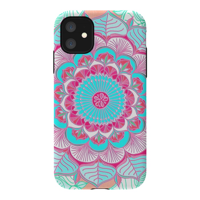 iPhone 11 StrongFit Tropical Doodle Flower in Pink & Aqua by Micklyn Le Feuvre