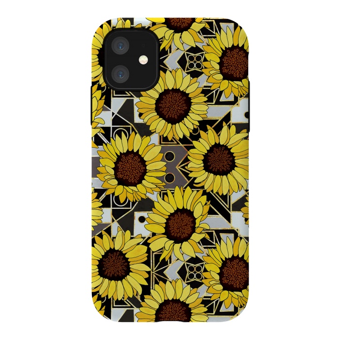 iPhone 11 StrongFit Sunflowers & Geometric Gold, Black & White Background  by Tigatiga