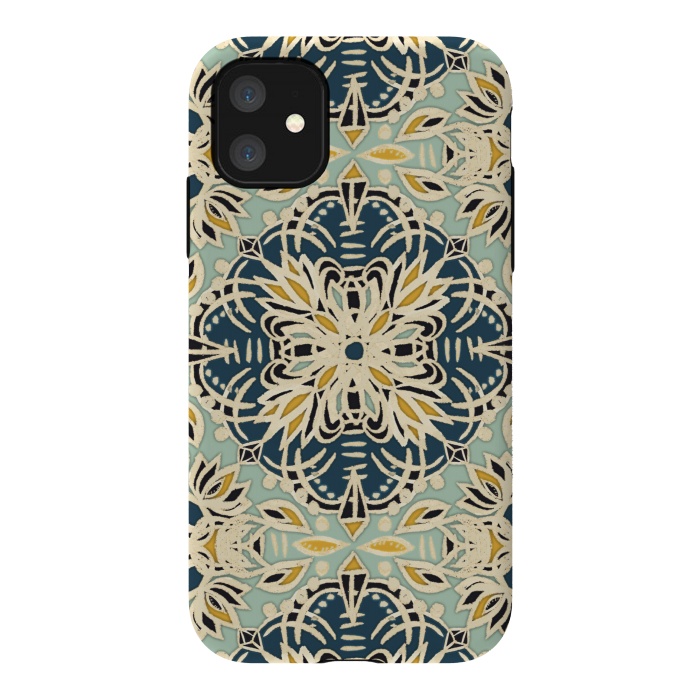 iPhone 11 StrongFit Protea Pattern in Deep Teal, Cream, Sage Green & Yellow Ocher by Micklyn Le Feuvre