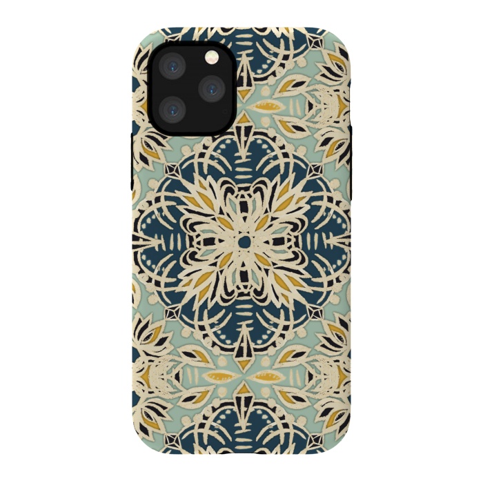 iPhone 11 Pro StrongFit Protea Pattern in Deep Teal, Cream, Sage Green & Yellow Ocher by Micklyn Le Feuvre