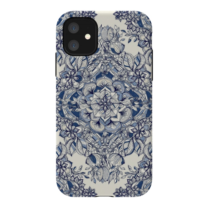 iPhone 11 StrongFit Floral Diamond Doodle in Dark Blue and Cream by Micklyn Le Feuvre