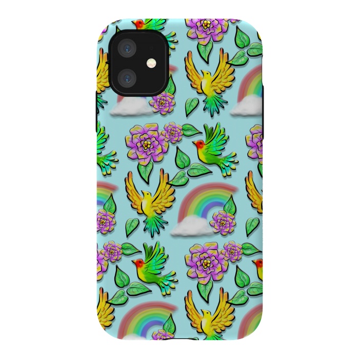 iPhone 11 StrongFit Birds Flowers and Rainbows Doodle Pattern by BluedarkArt
