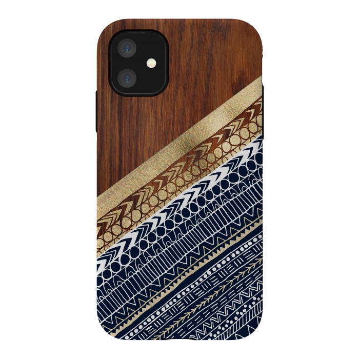 iPhone 11 StrongFit Navy & Gold Tribal on Wood by Tangerine-Tane
