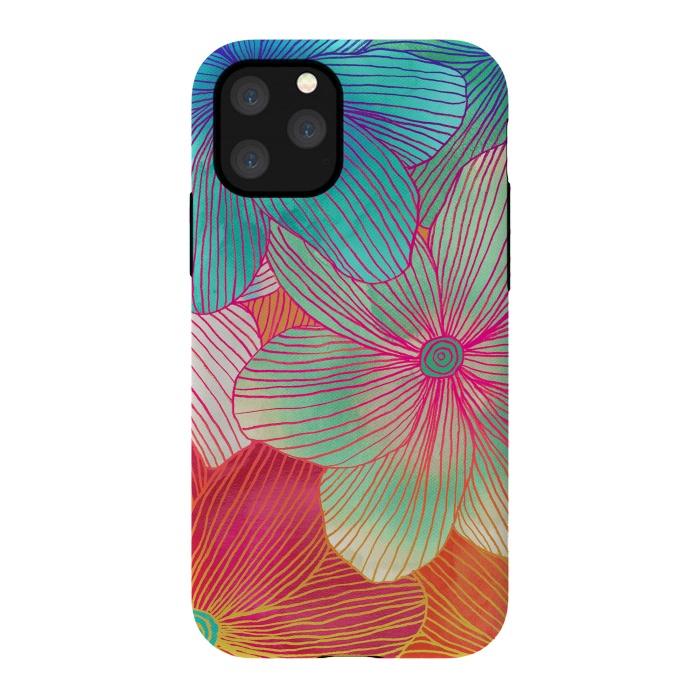 iPhone 11 Pro StrongFit Between the Lines - tropical flowers in pink, orange, blue & mint by Micklyn Le Feuvre