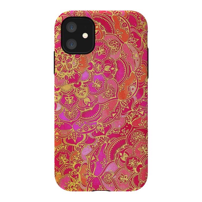iPhone 11 StrongFit Hot Pink and Gold Baroque Floral Pattern by Micklyn Le Feuvre
