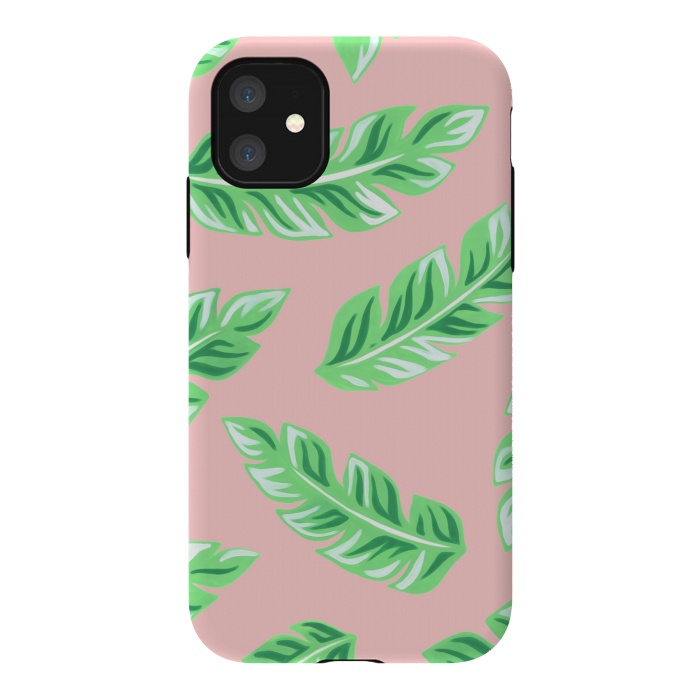 iPhone 11 StrongFit Pink Tropical Palm Leaf Print by Becky Starsmore